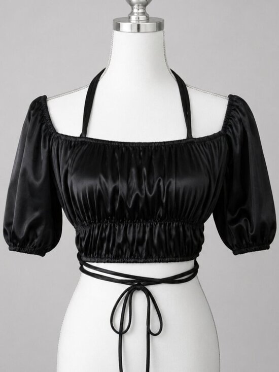 Maniere De Voir Tops - Maniere De Voir Halter Satin Crop Top